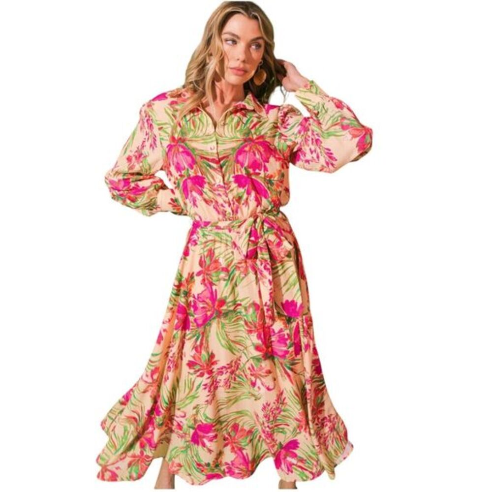 FLYING TOMATO Run Away Together Woven Floral Belted Midi Shirt Dress Small